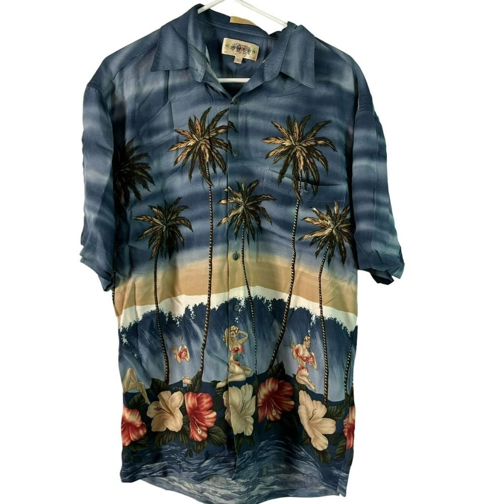 Campia Moda Men Hawaiian Shirt Medium Blue Button Up Palm Trees Rayon